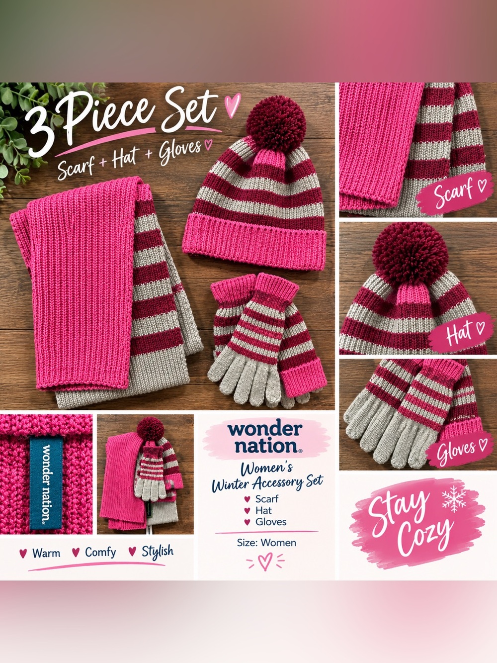 NWT Women’s 3pc Winter Knit Set | Striped Beanie Scarf & Gloves Pink/Gray
